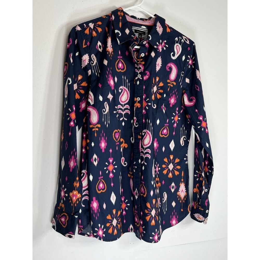 Talbots Shirt Womens Medium Blue Paisley Ikat Print Button Up Long Sleeve